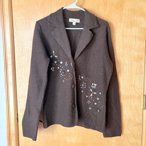 Linden Hill Sweaters - Linden Hill‎ Cardigan Sweater Womens Medium Brown 100% Wool Embroidered Sequin